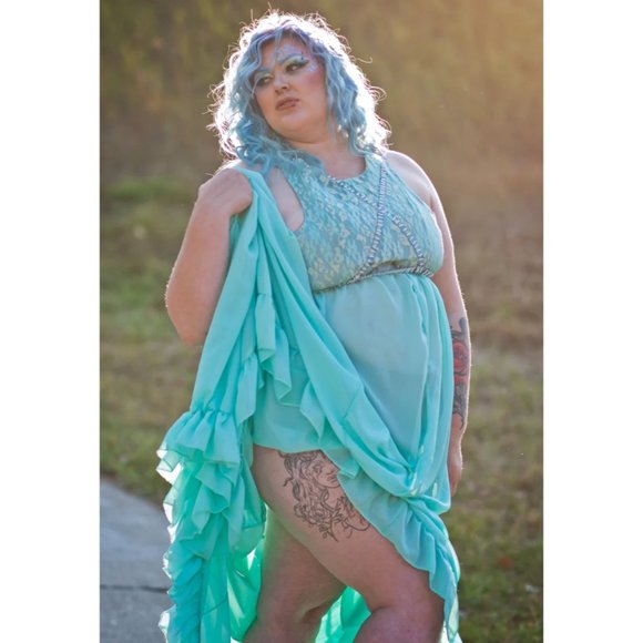 Women's Blue Corset Style Handmade Flowy chiffon dress with train Plus Size New - Picture 6 of 13